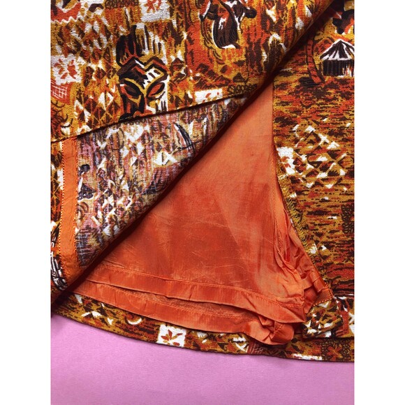 1990s ISAAC MIZRAHI Orange & Brown Island Tiki Print Faux Wrap Mini Skirt. S - Picture 7 of 10